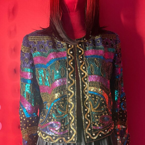 Vintage Laurence Kazar Silk Sequin Blazer – 1980s Art Deco Party Jacket - Picture 11 of 12